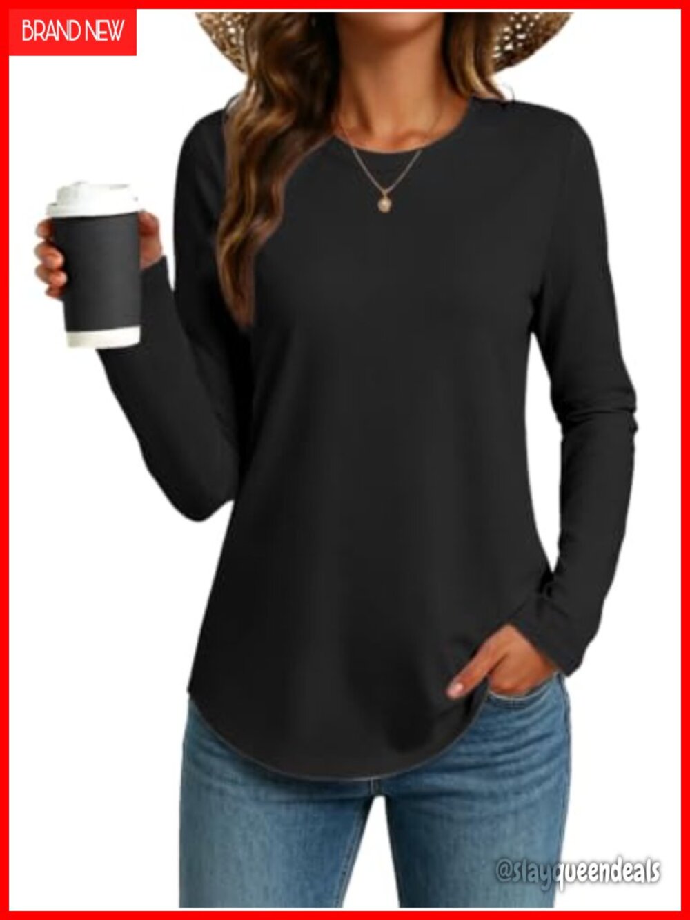 Womens Long Sleeve Crew Neck Cotton T-Shirt Curved Hem Basic Tee